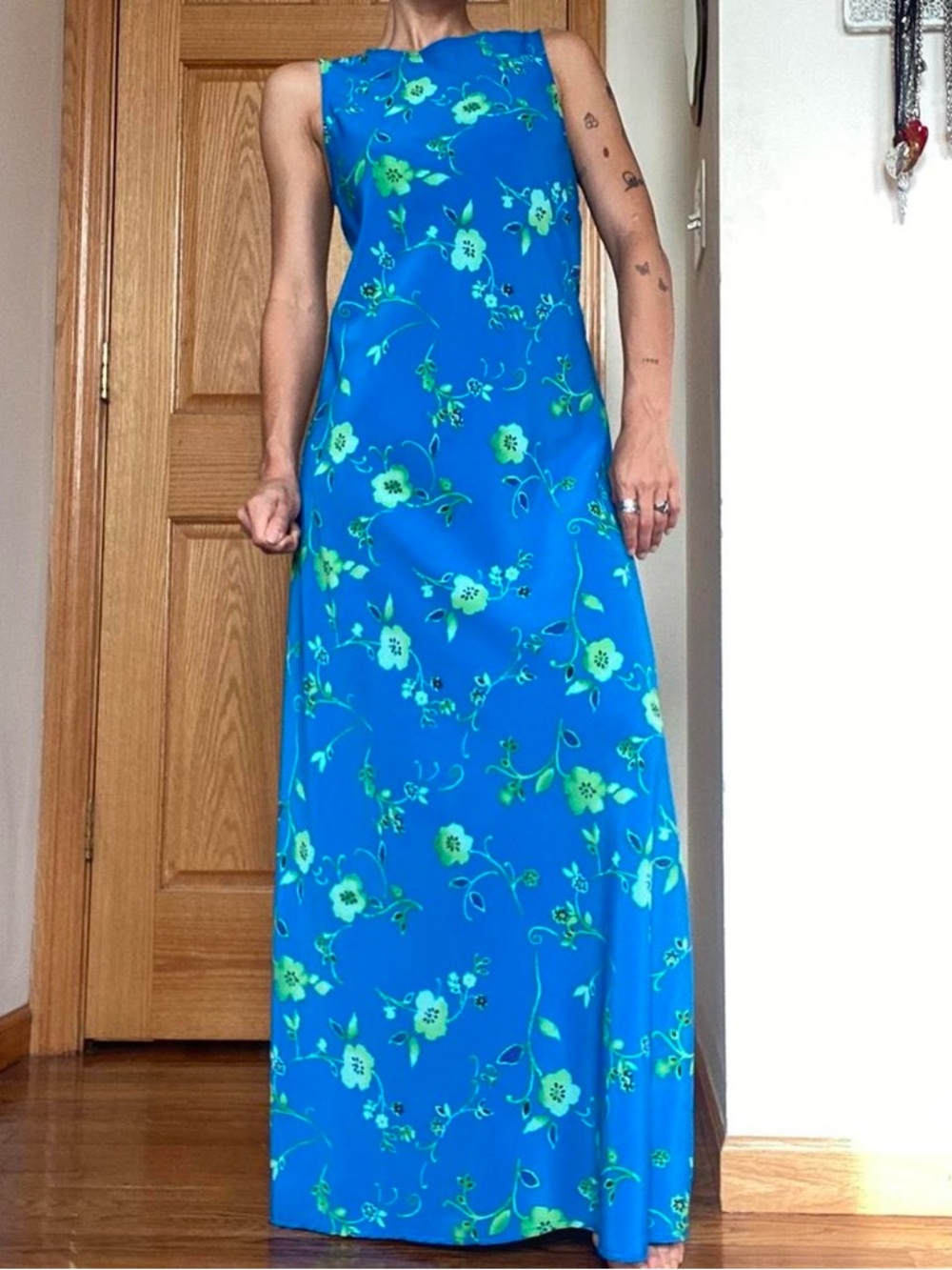 Vintage Floral Maxi Dress - Sleeveless High Neck Blue and Green